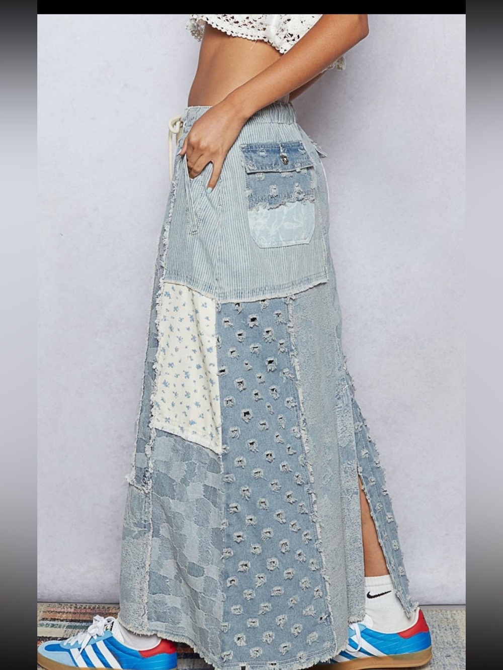 POL Maxed Out Corded Waist Patchwork Denim Skirt - Picture 9 of 16